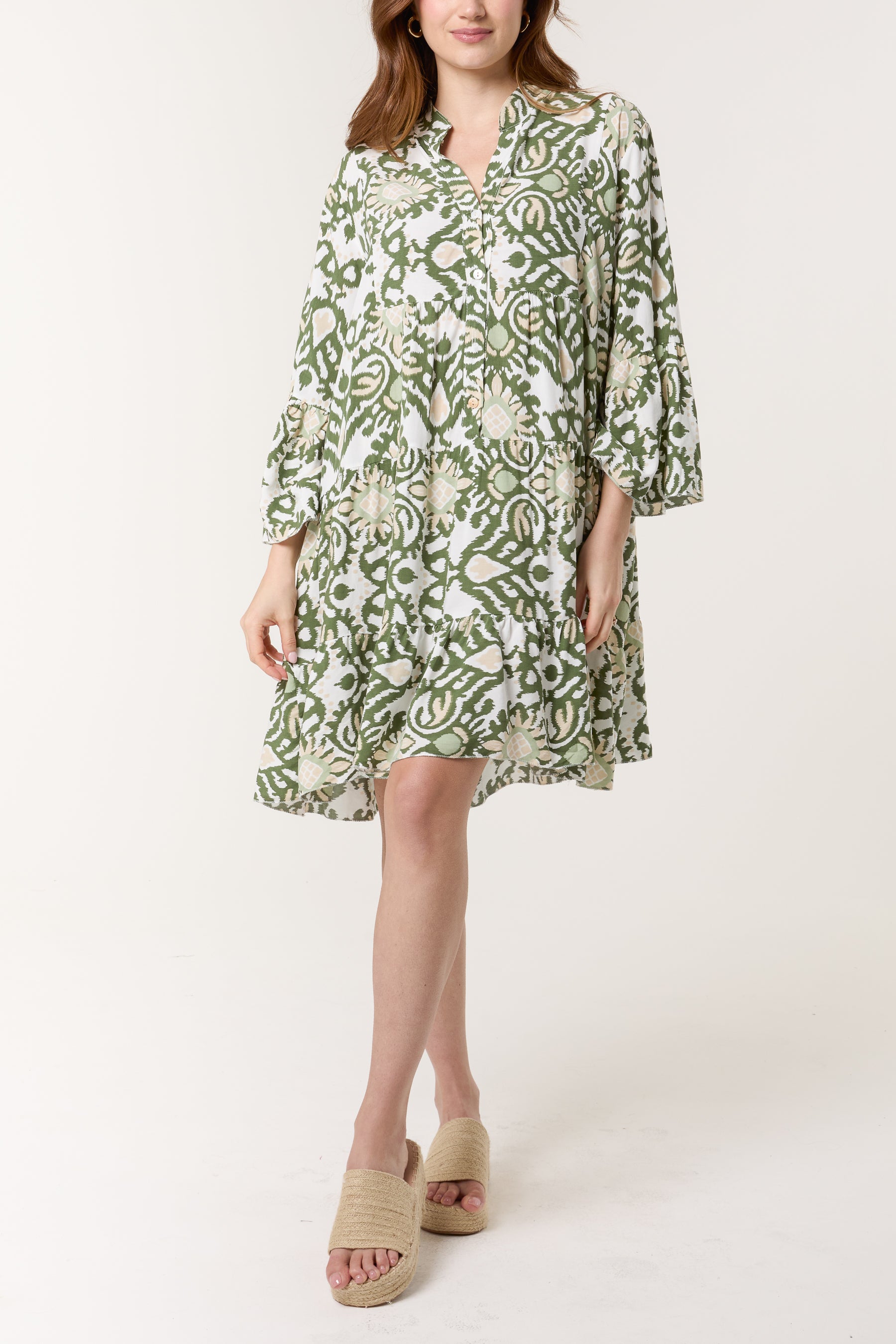 Ikat Print Grandad Collar Smock Dress