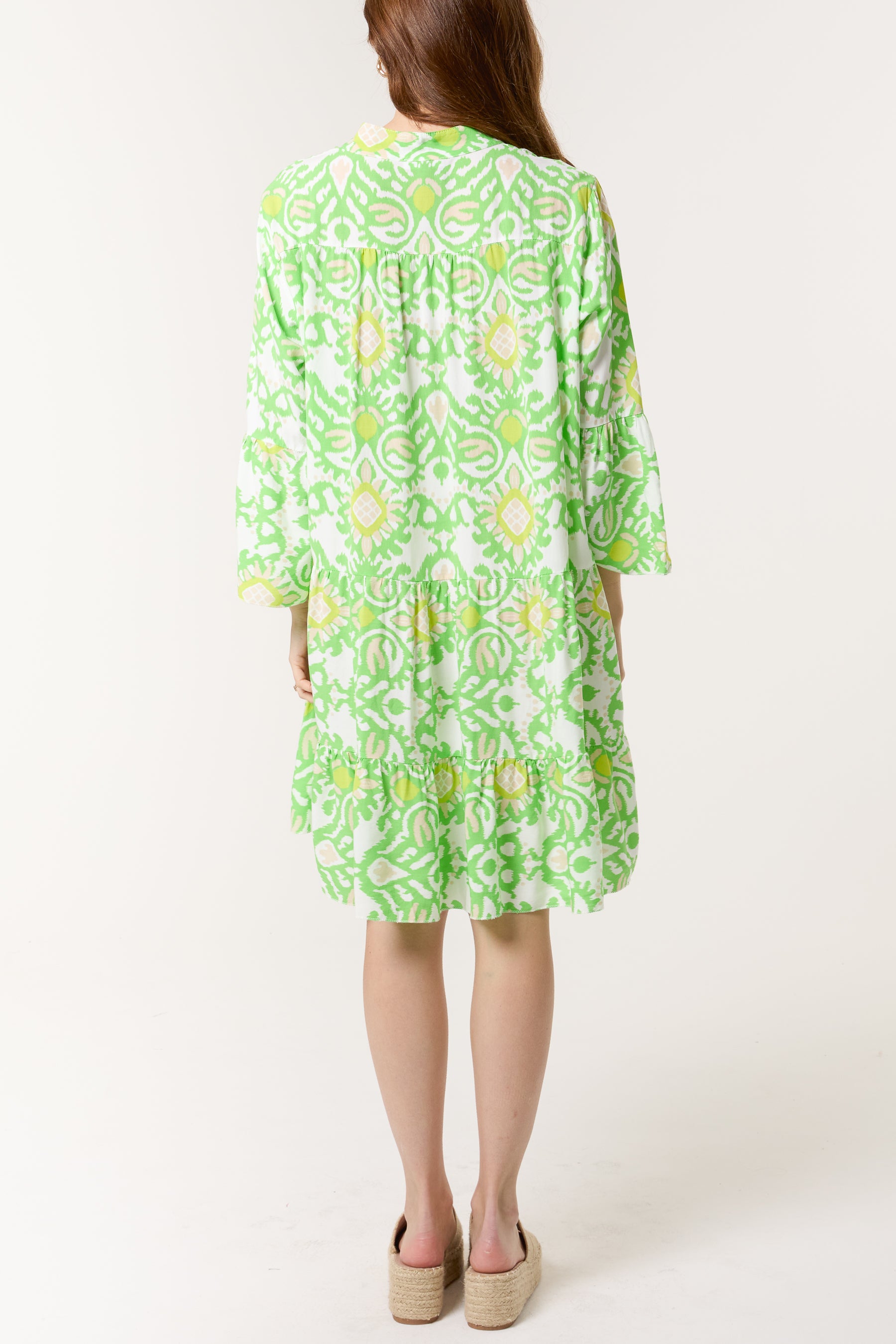 Ikat Print Grandad Collar Smock Dress