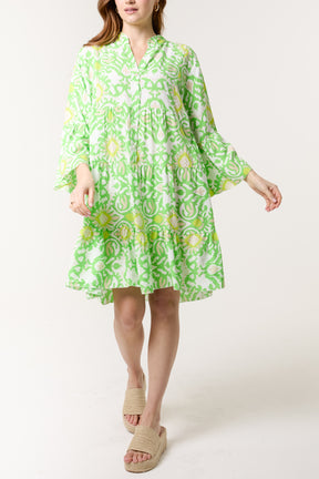 Ikat Print Grandad Collar Smock Dress