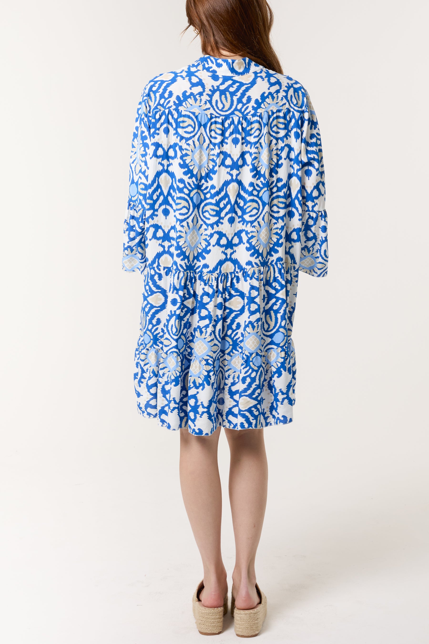 Ikat Print Grandad Collar Smock Dress