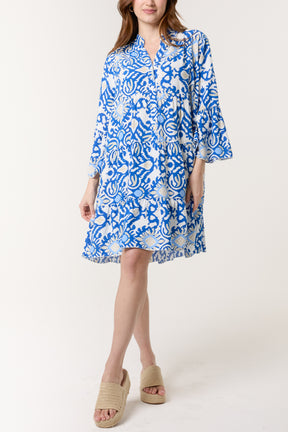 Ikat Print Grandad Collar Smock Dress