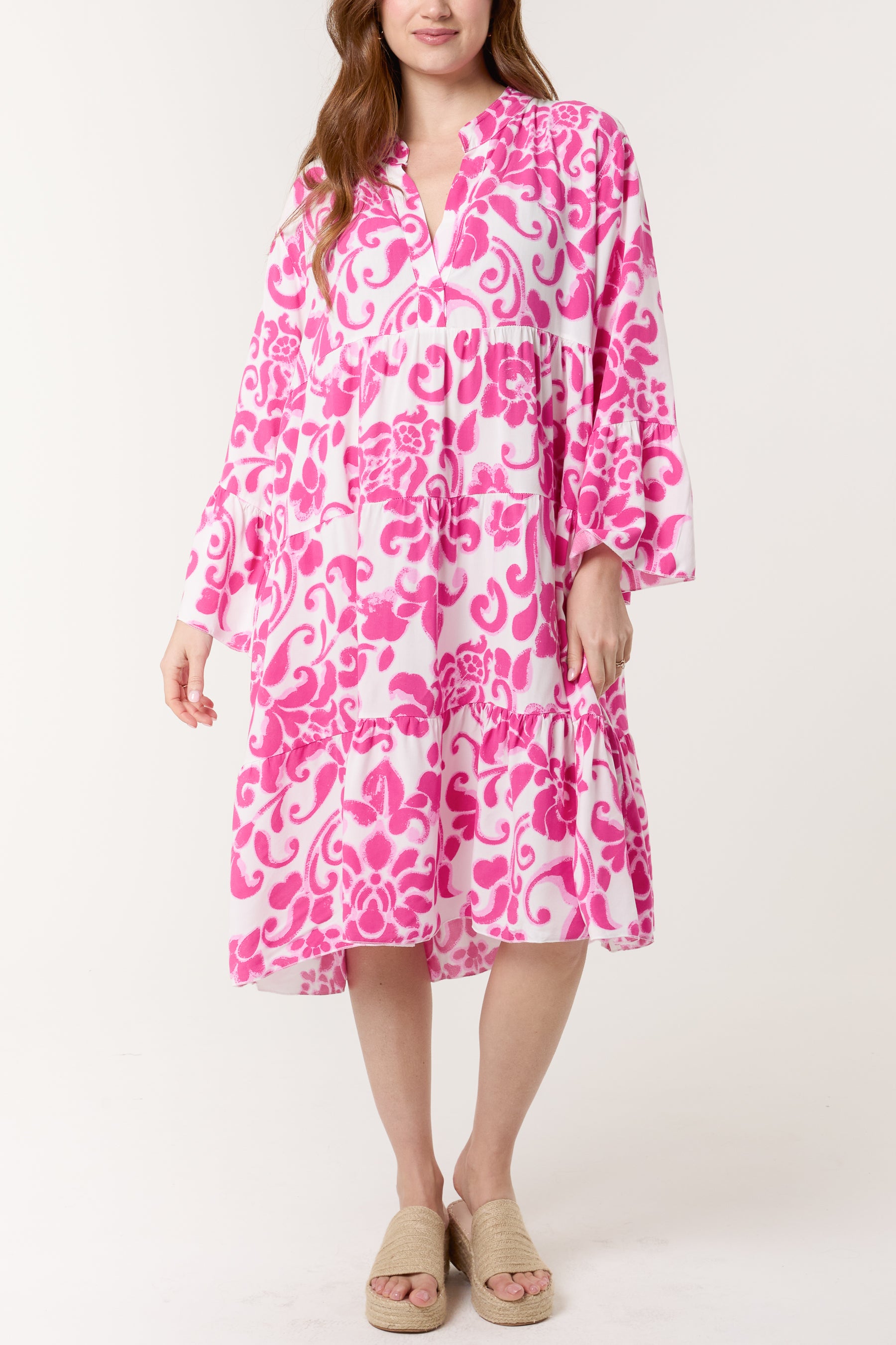 Damask Floral Tiered Midi Dress