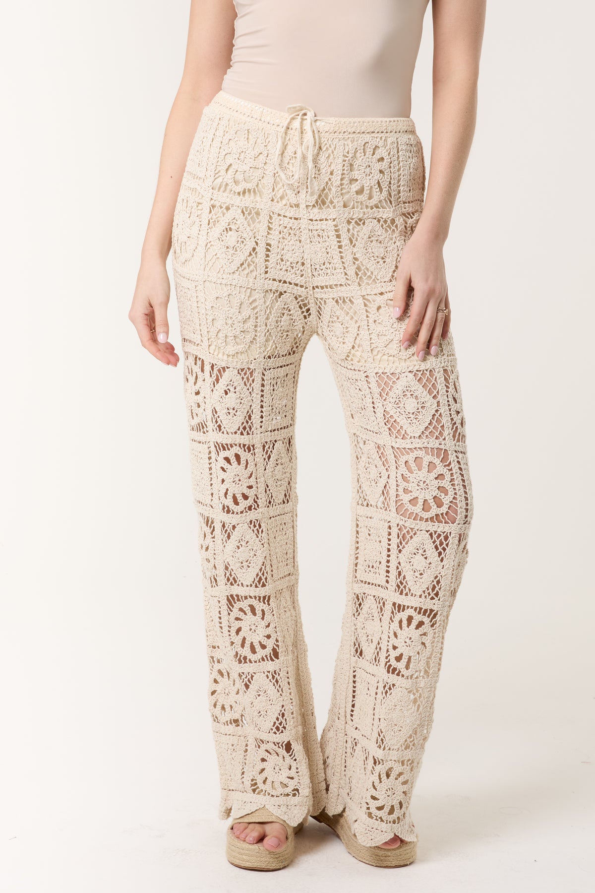 Geometric Floral Crochet Drawstring Trouser