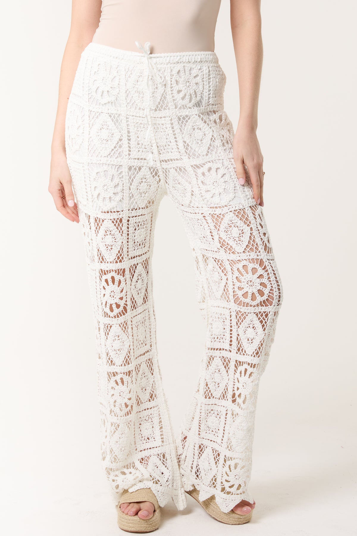 Geometric Floral Crochet Drawstring Trouser