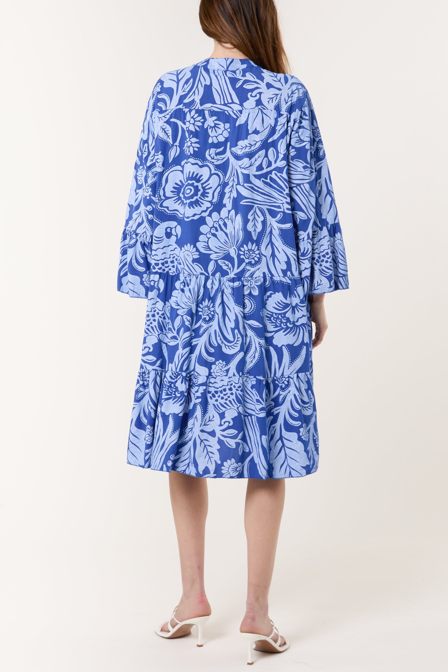 Parrots & Flowers Tiered Midi Dress