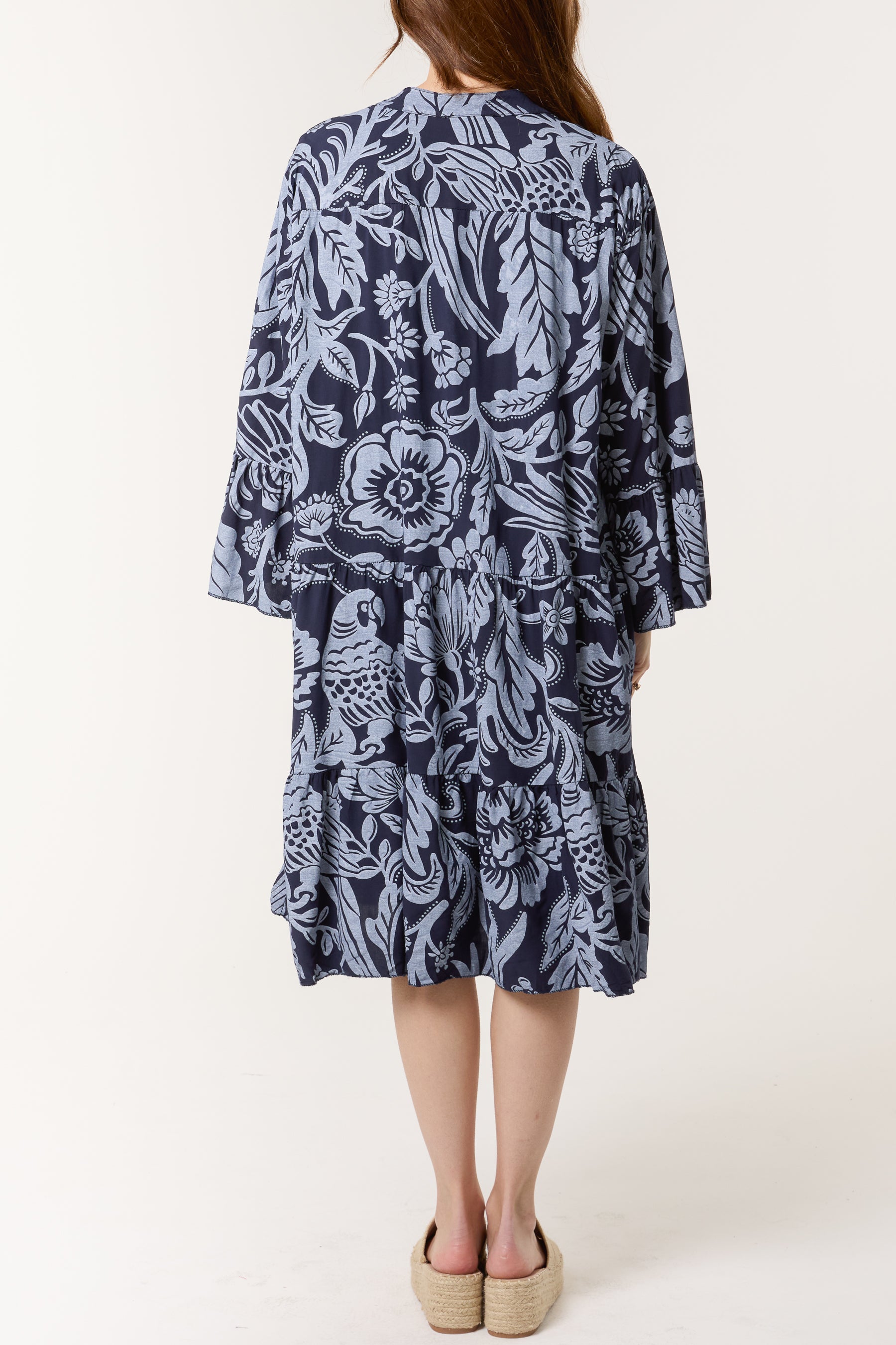 Parrots & Flowers Tiered Midi Dress