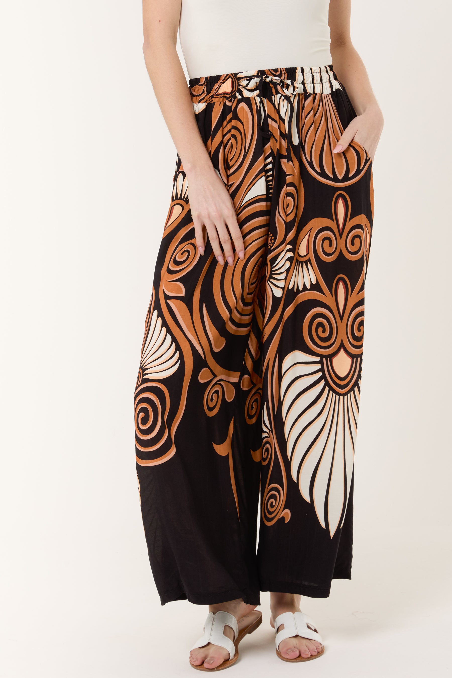 Swirl Print Pockets Wide Leg Trouser