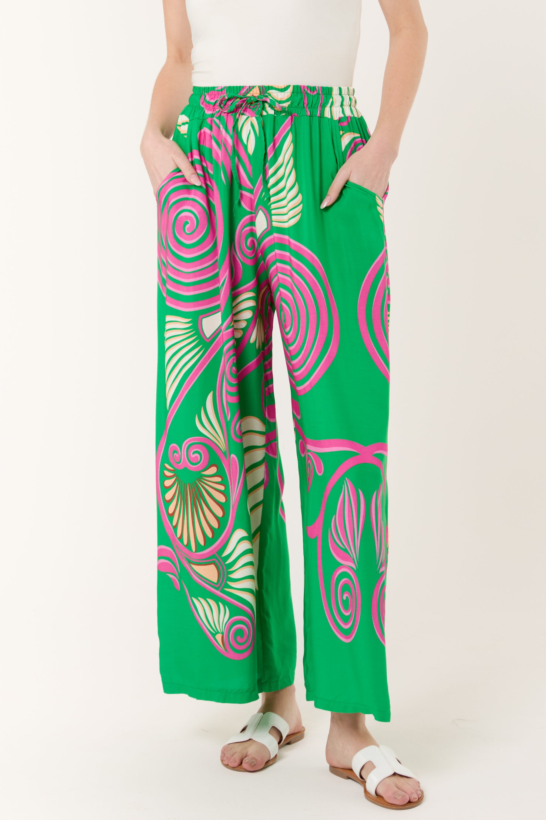 Swirl Print Pockets Wide Leg Trouser