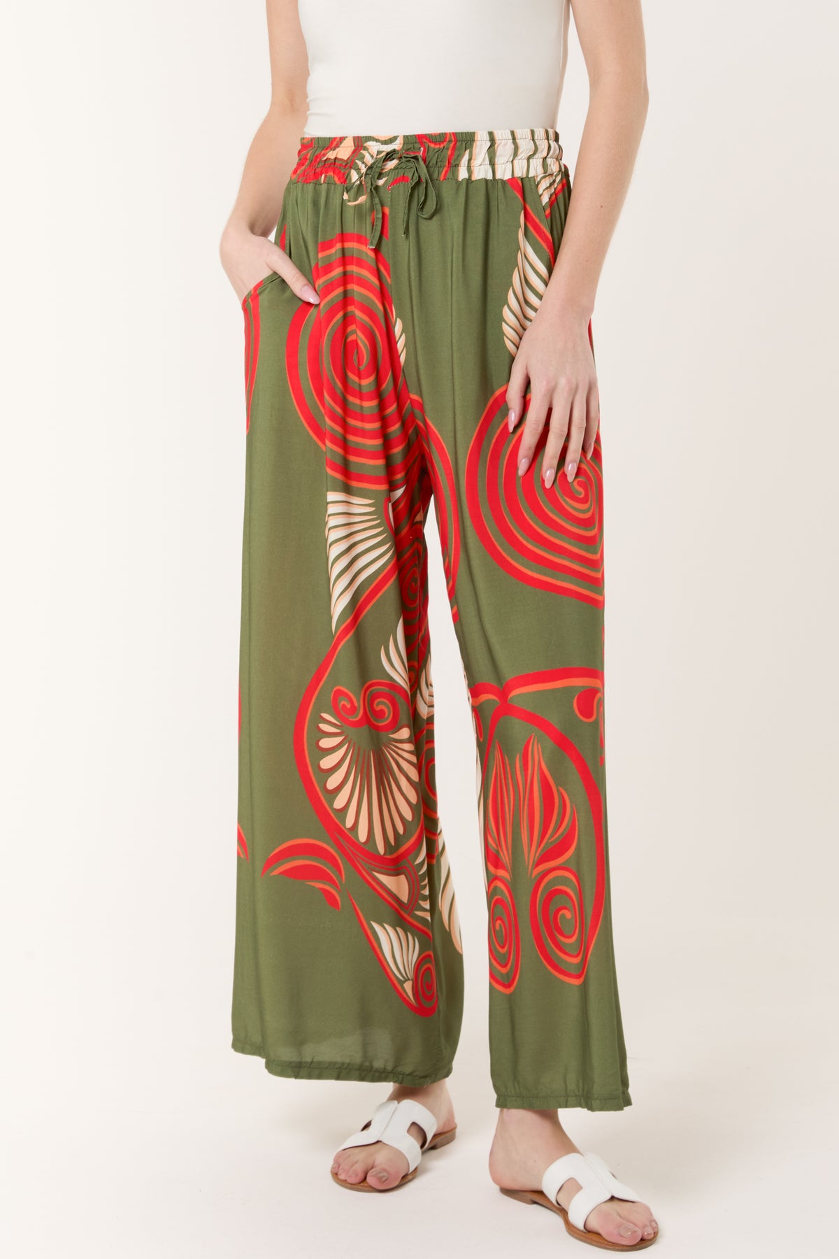 Swirl Print Pockets Wide Leg Trouser