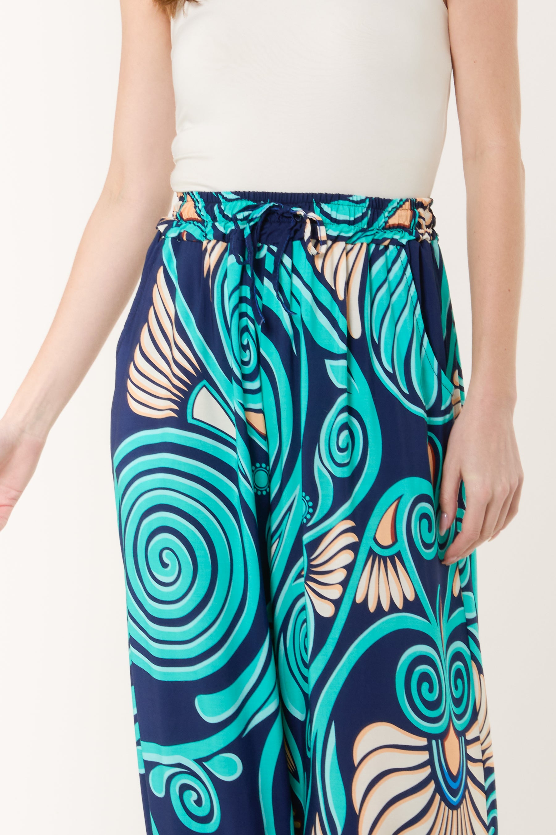 Swirl Print Pockets Wide Leg Trouser