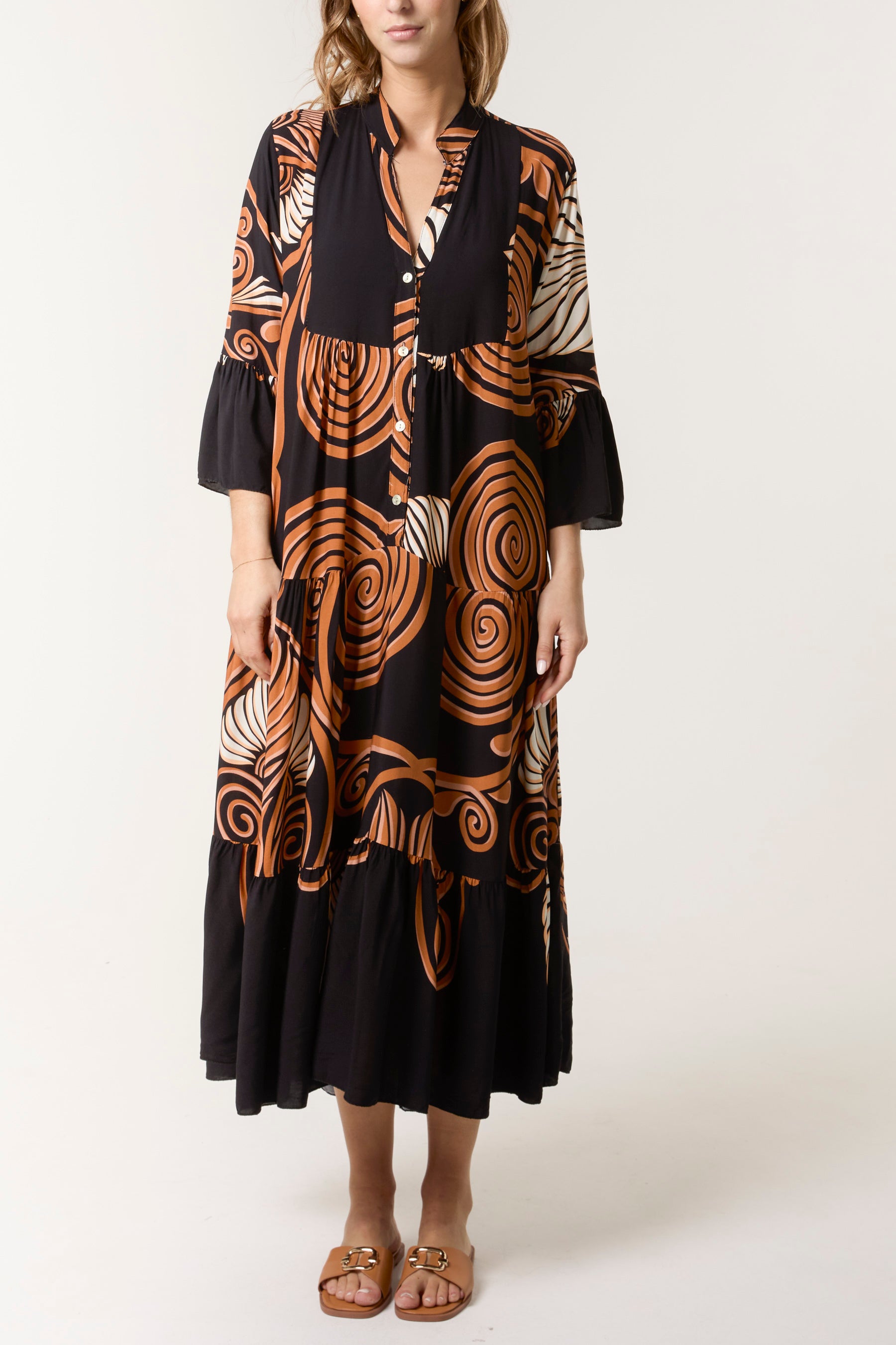 Swirl Print Tiered Maxi Dress