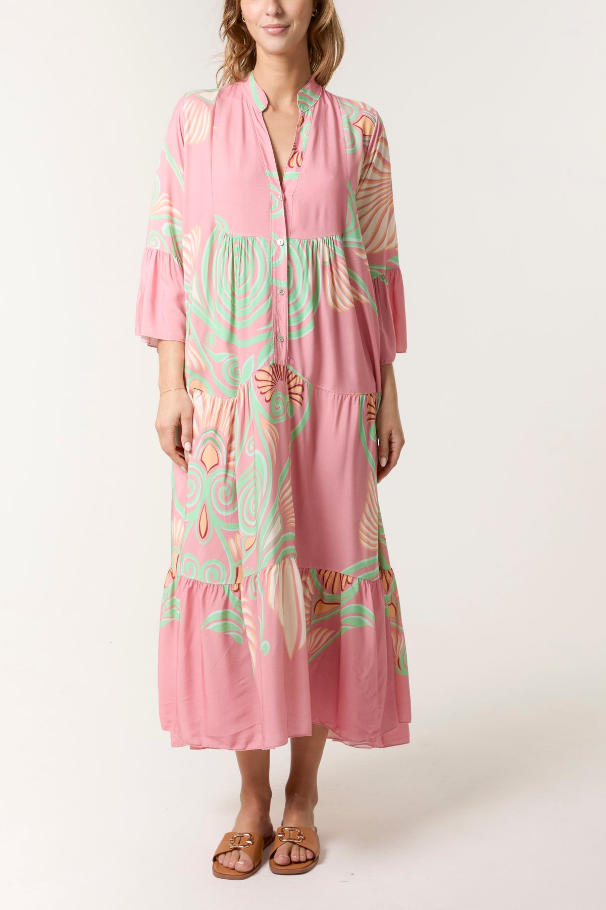 Swirl Print Tiered Maxi Dress