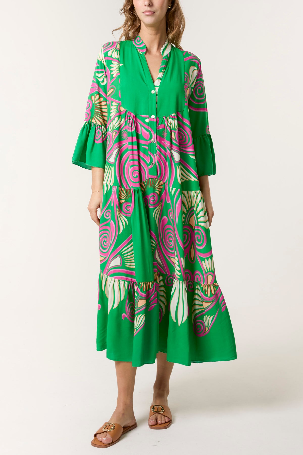 Swirl Print Tiered Maxi Dress