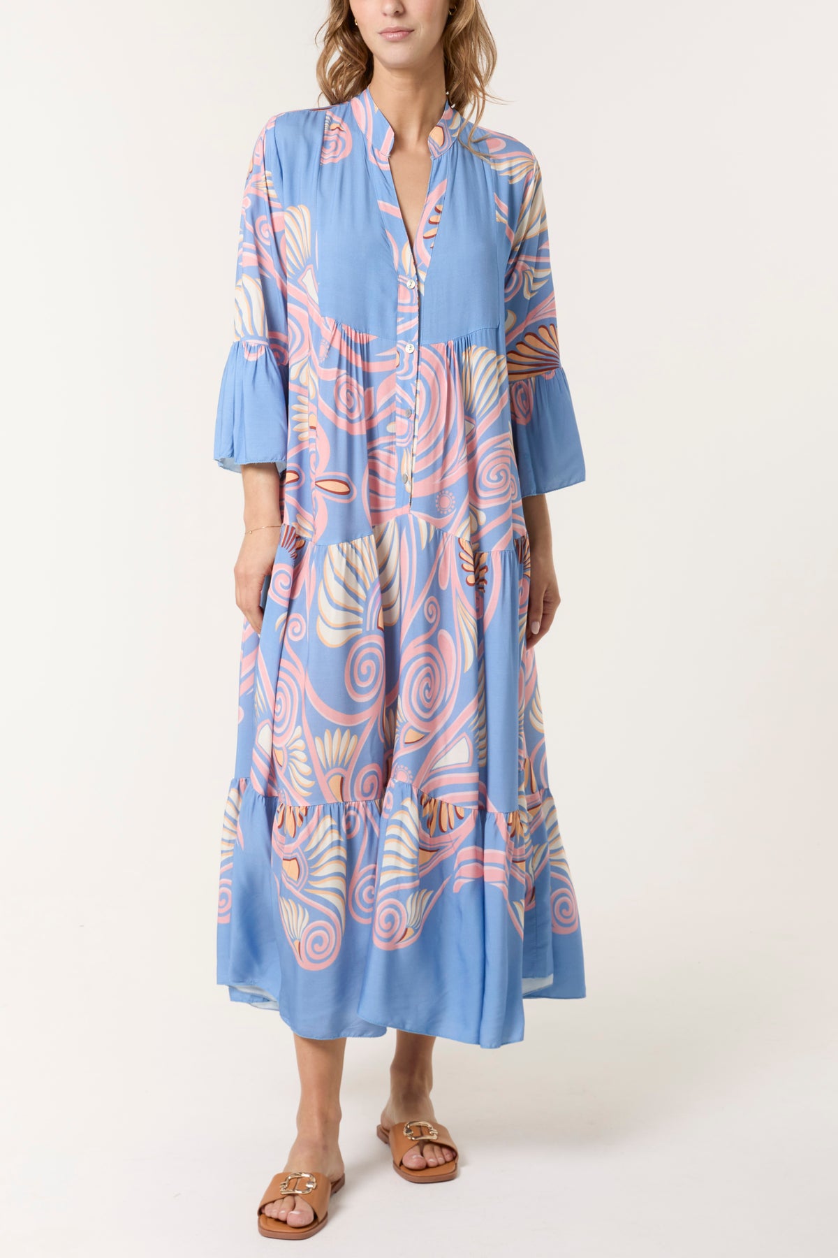 Swirl Print Tiered Maxi Dress