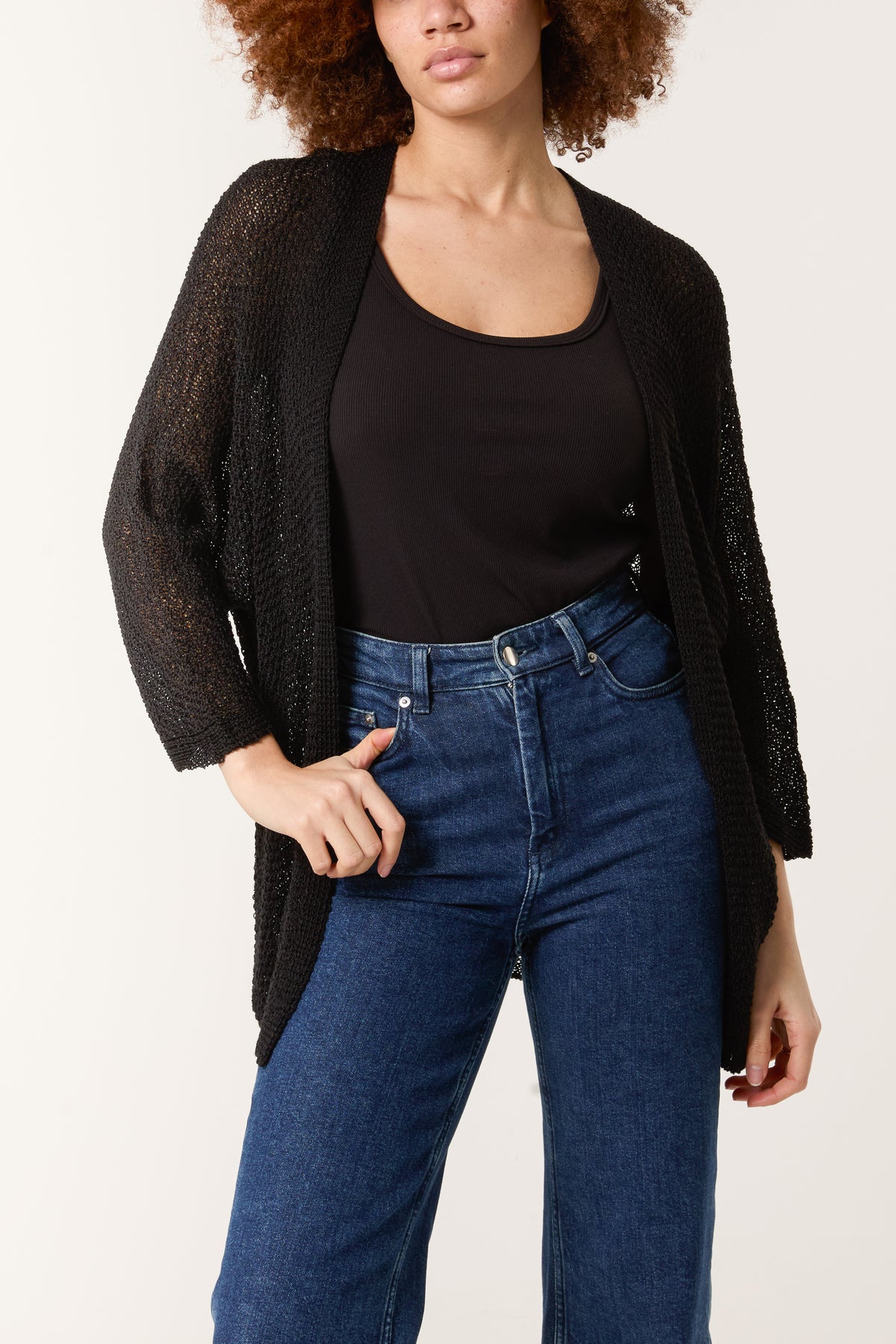 Pointelle Knit 3/4 Sleeve Cardigan