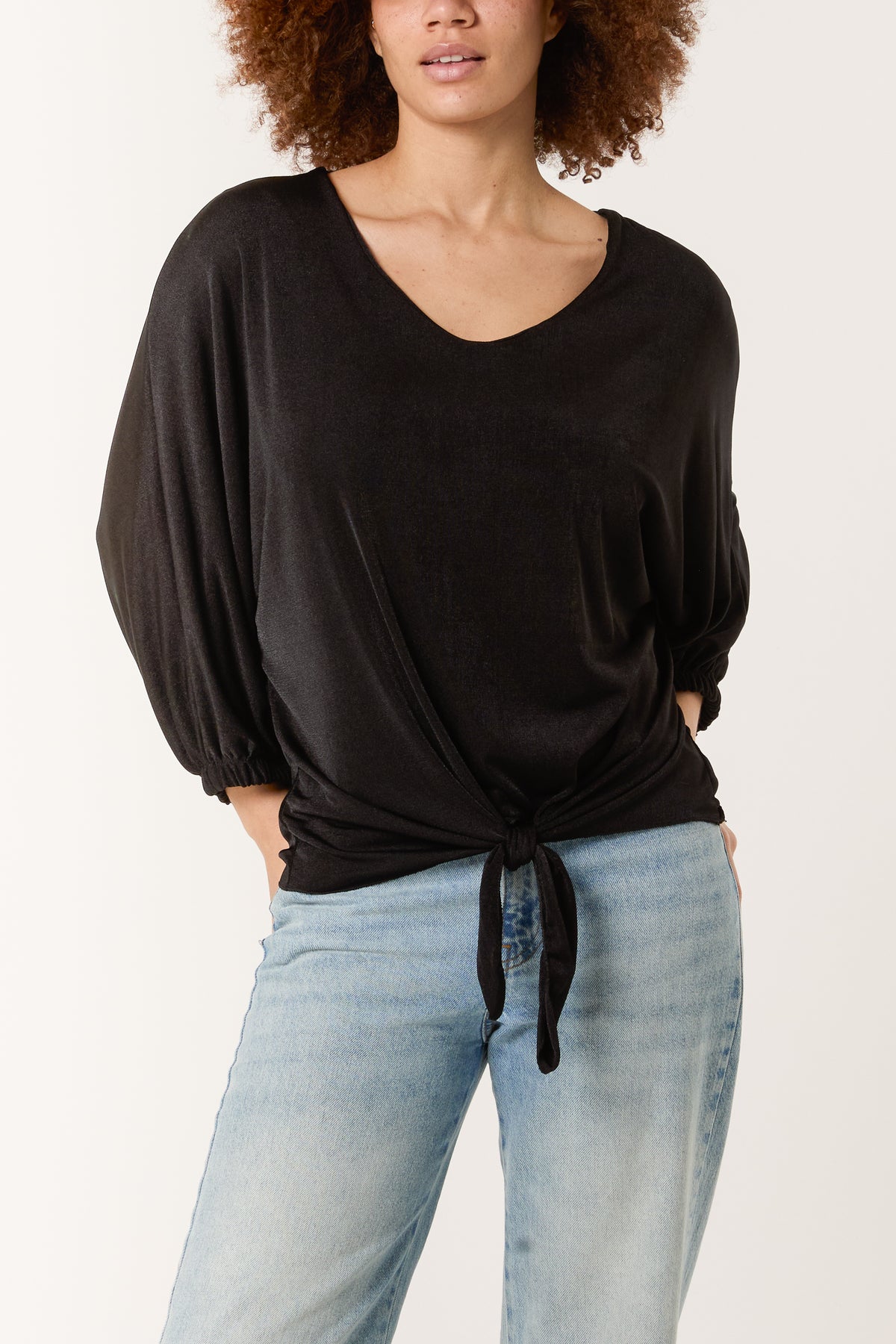 V-Neck Tie Front Acetate Top