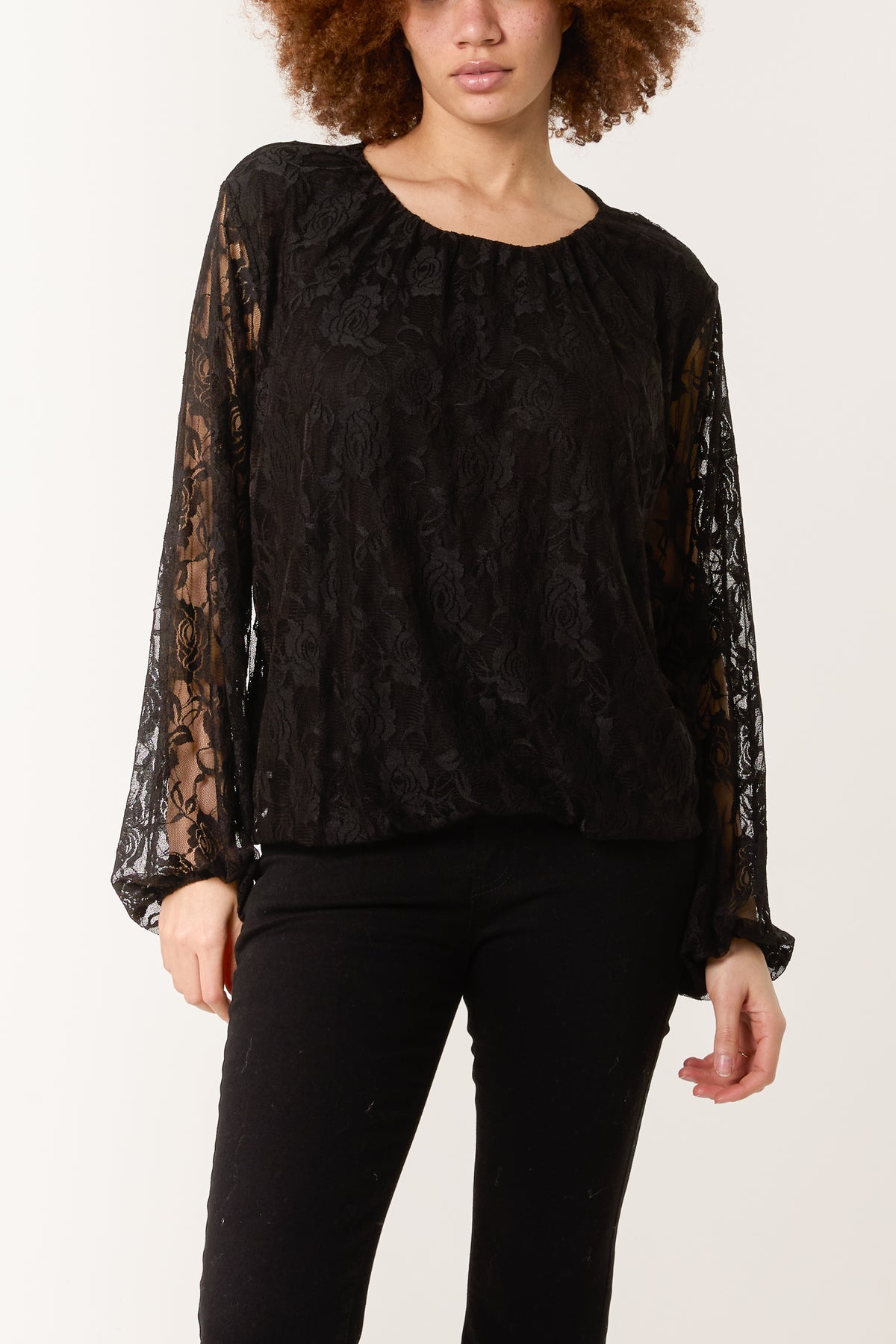 Round Neck Puffball Sleeve Lace Top