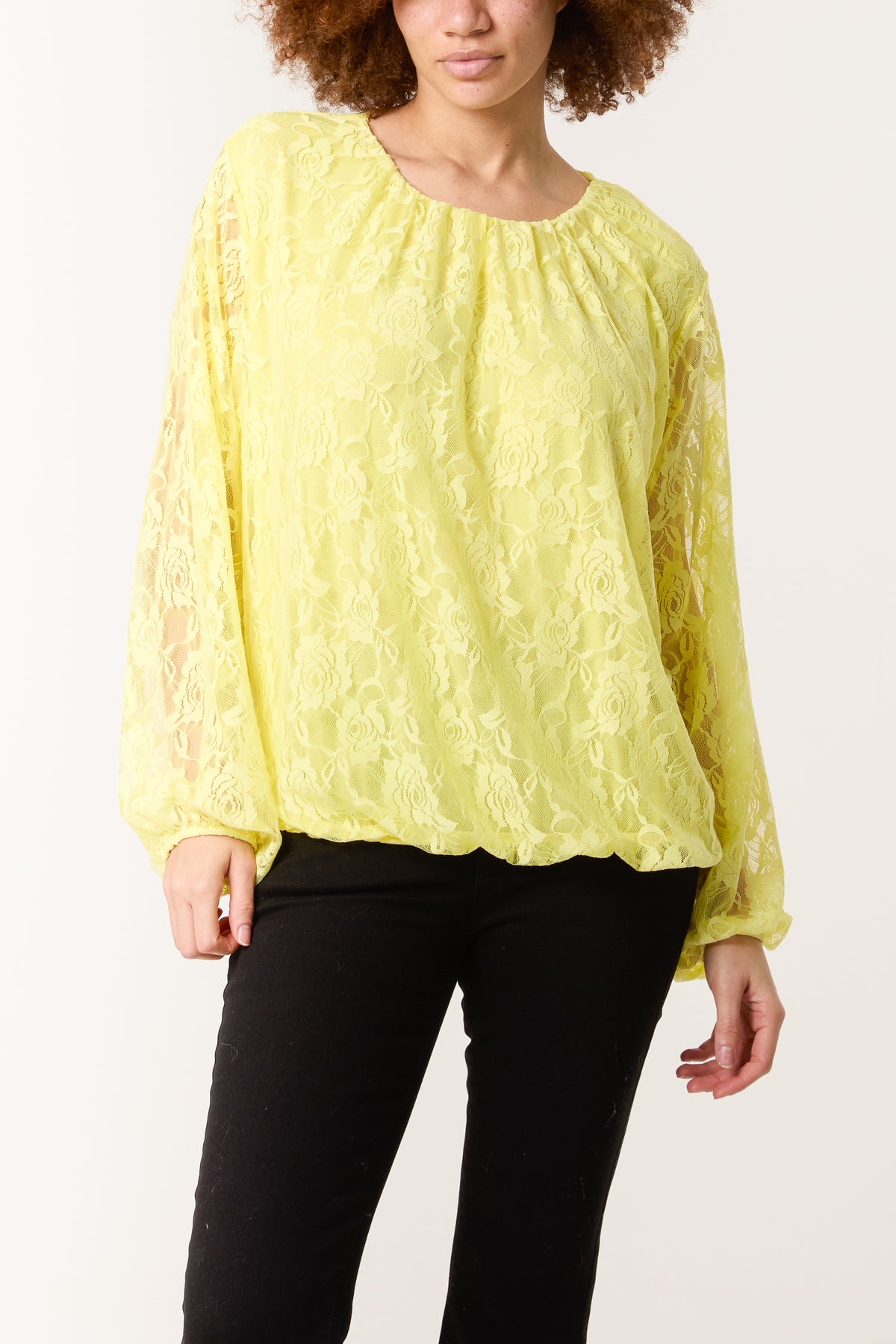 Round Neck Puffball Sleeve Lace Top