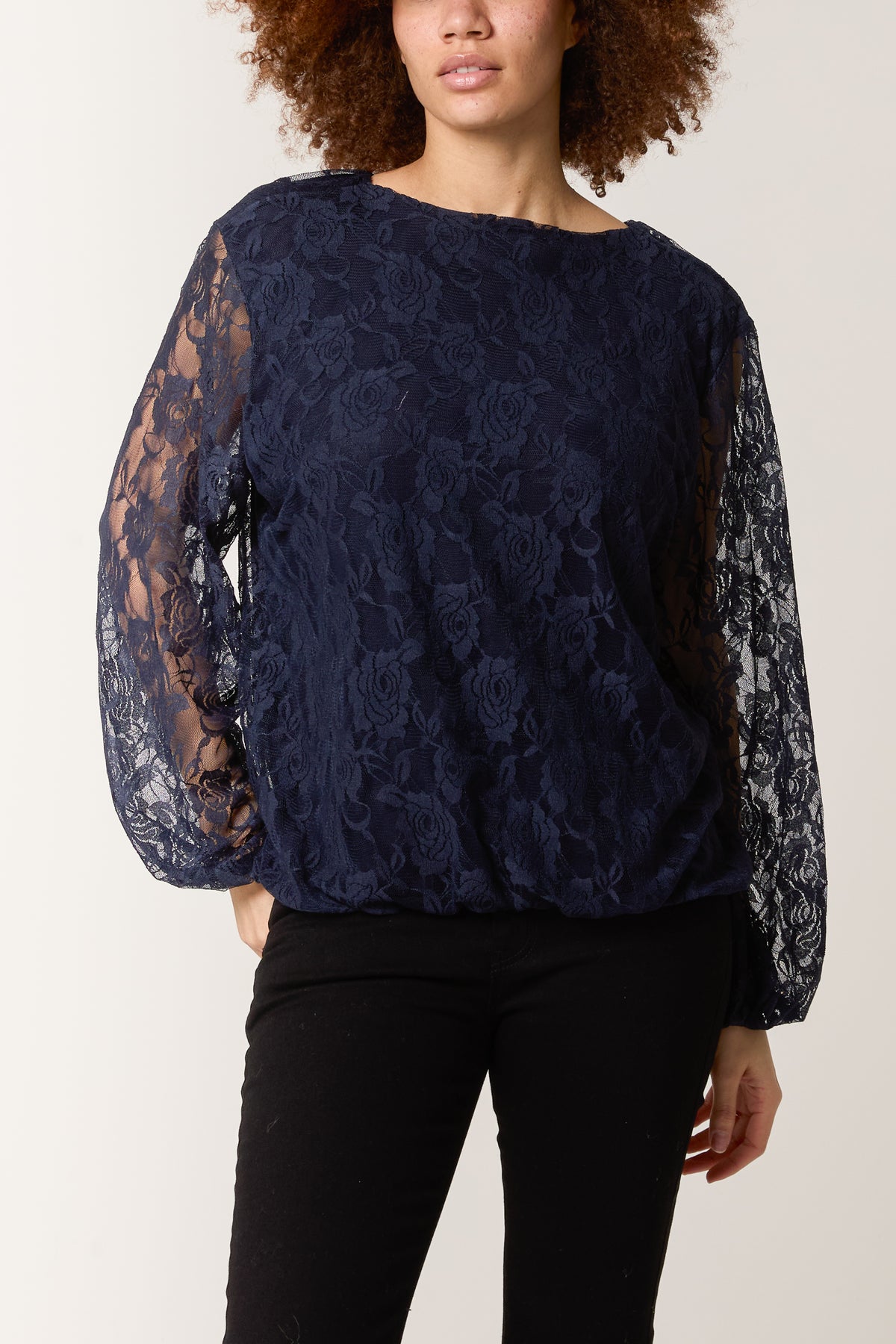 Round Neck Puffball Sleeve Lace Top