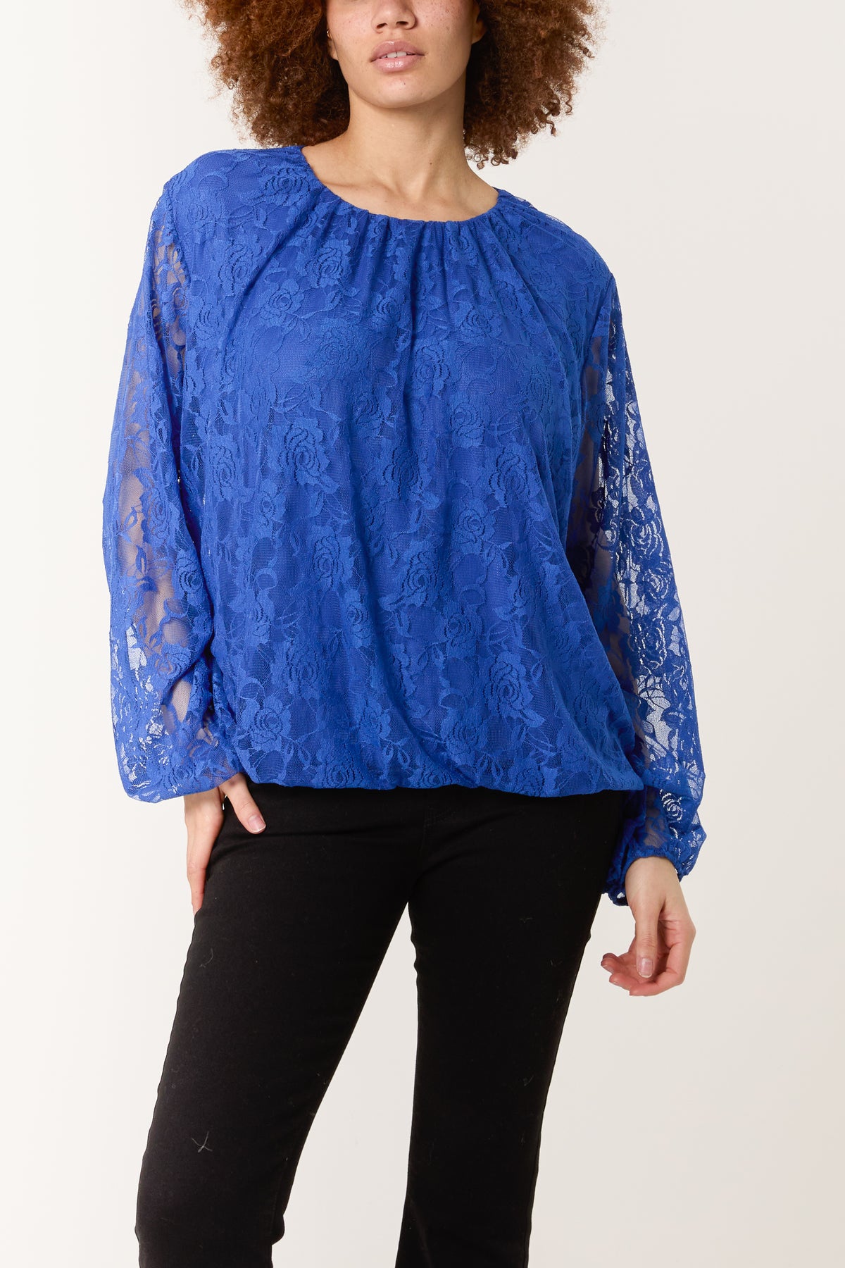 Round Neck Puffball Sleeve Lace Top