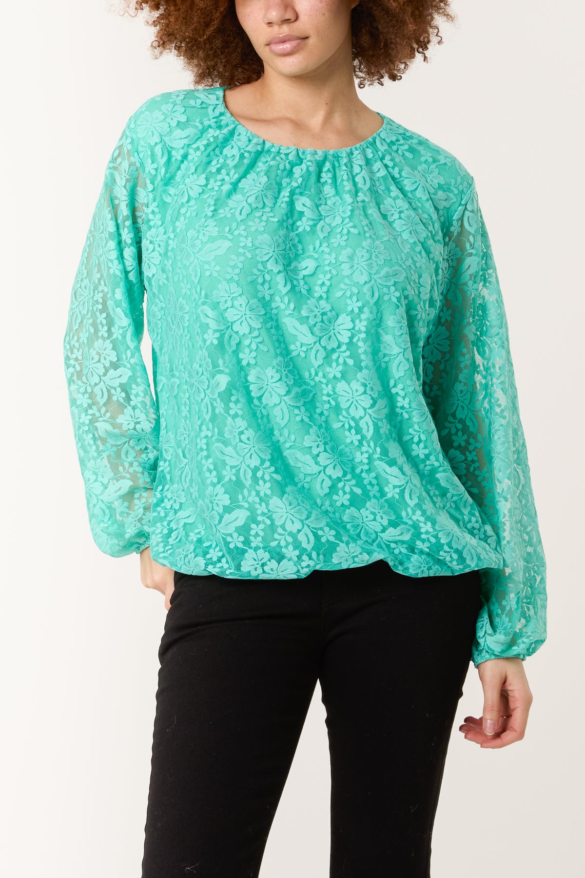 Round Neck Puffball Sleeve Lace Top