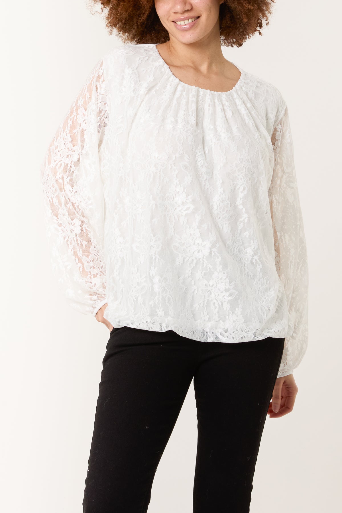 Round Neck Puffball Sleeve Lace Top