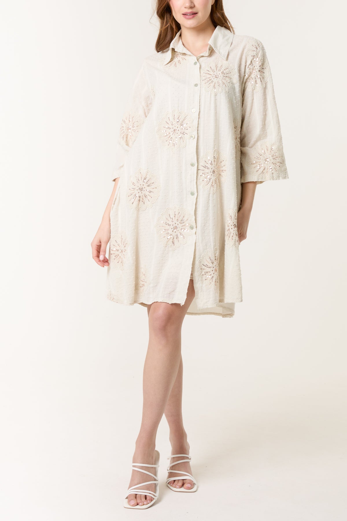 Sequin Daisy Cotton Dobby Shirt Dress