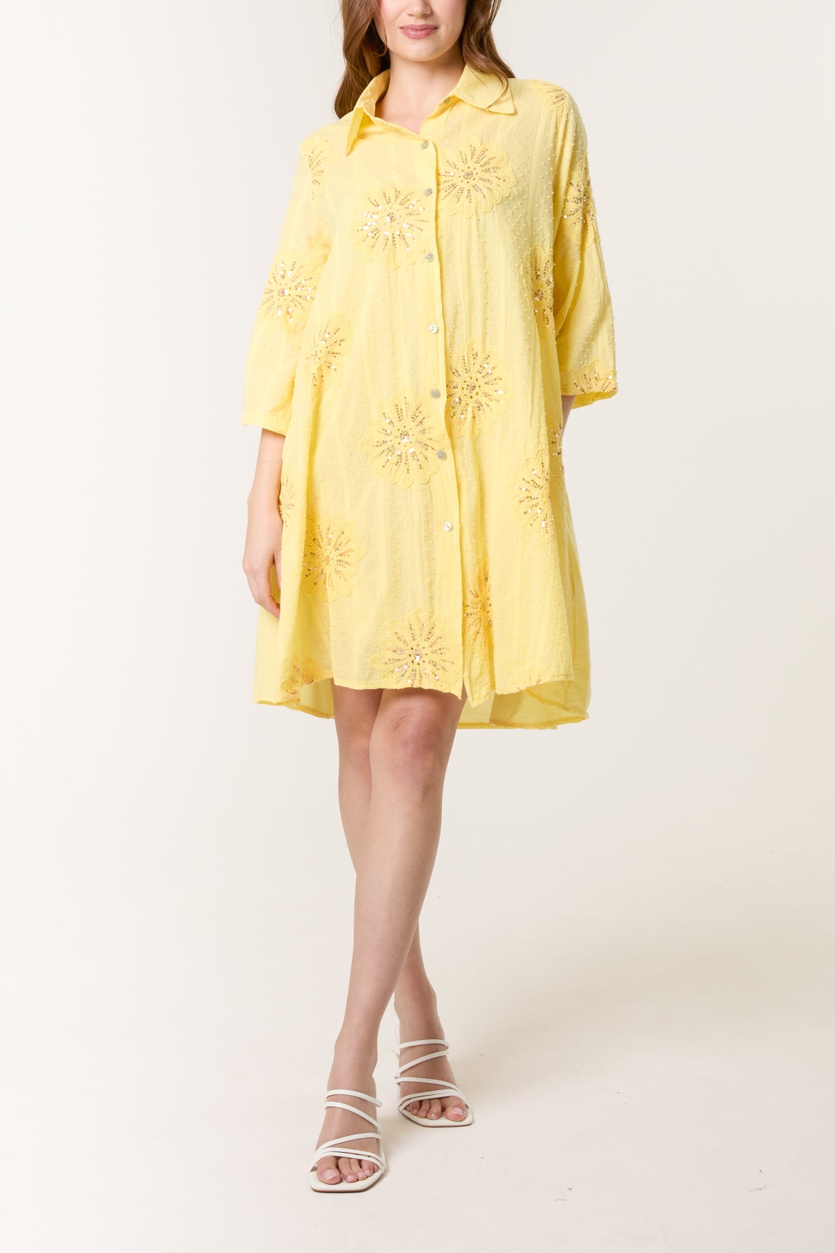 Sequin Daisy Cotton Dobby Shirt Dress