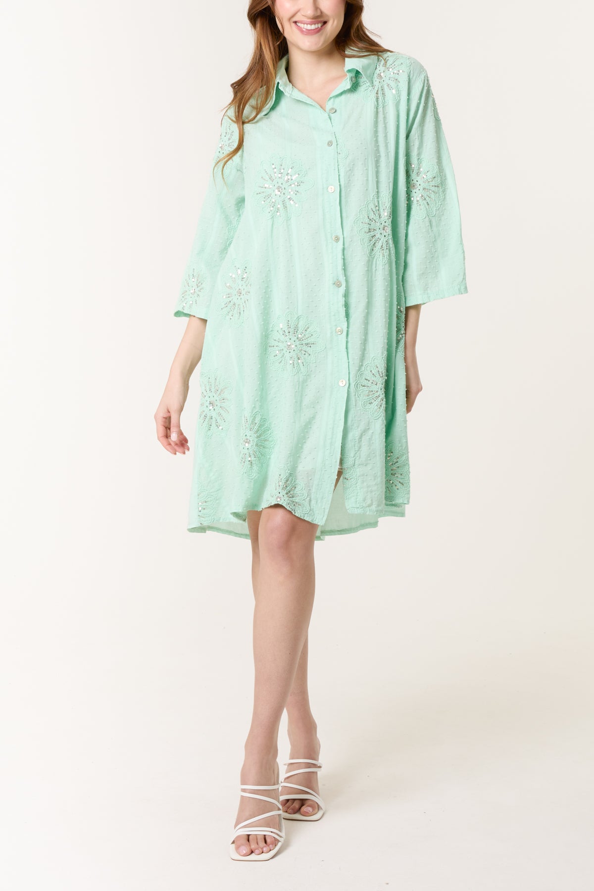 Sequin Daisy Cotton Dobby Shirt Dress