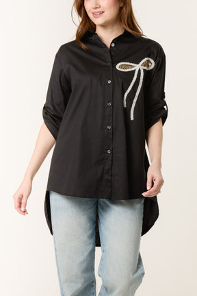 Sequin Bow Cotton Blend Shirt