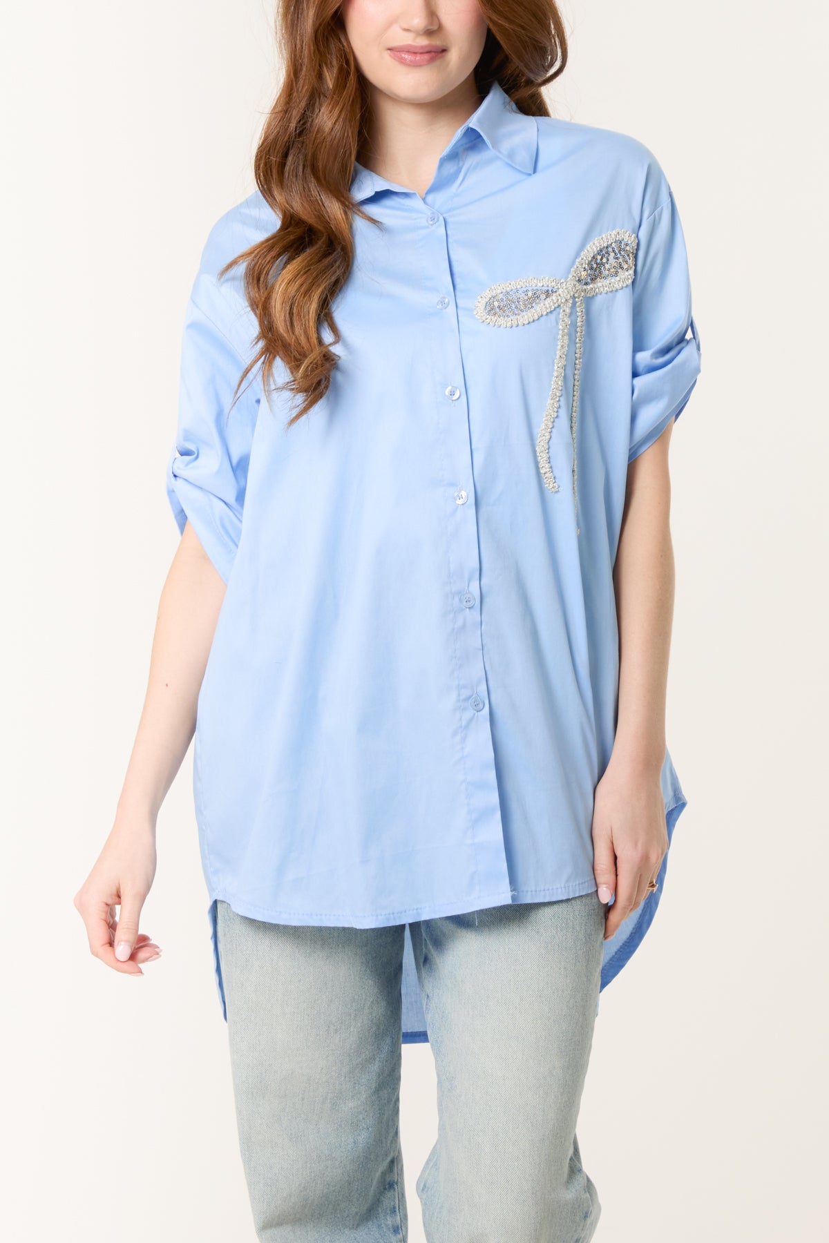 Sequin Bow Cotton Blend Shirt