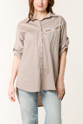 Sequin Bow Cotton Blend Shirt