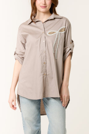 Sequin Bow Cotton Blend Shirt