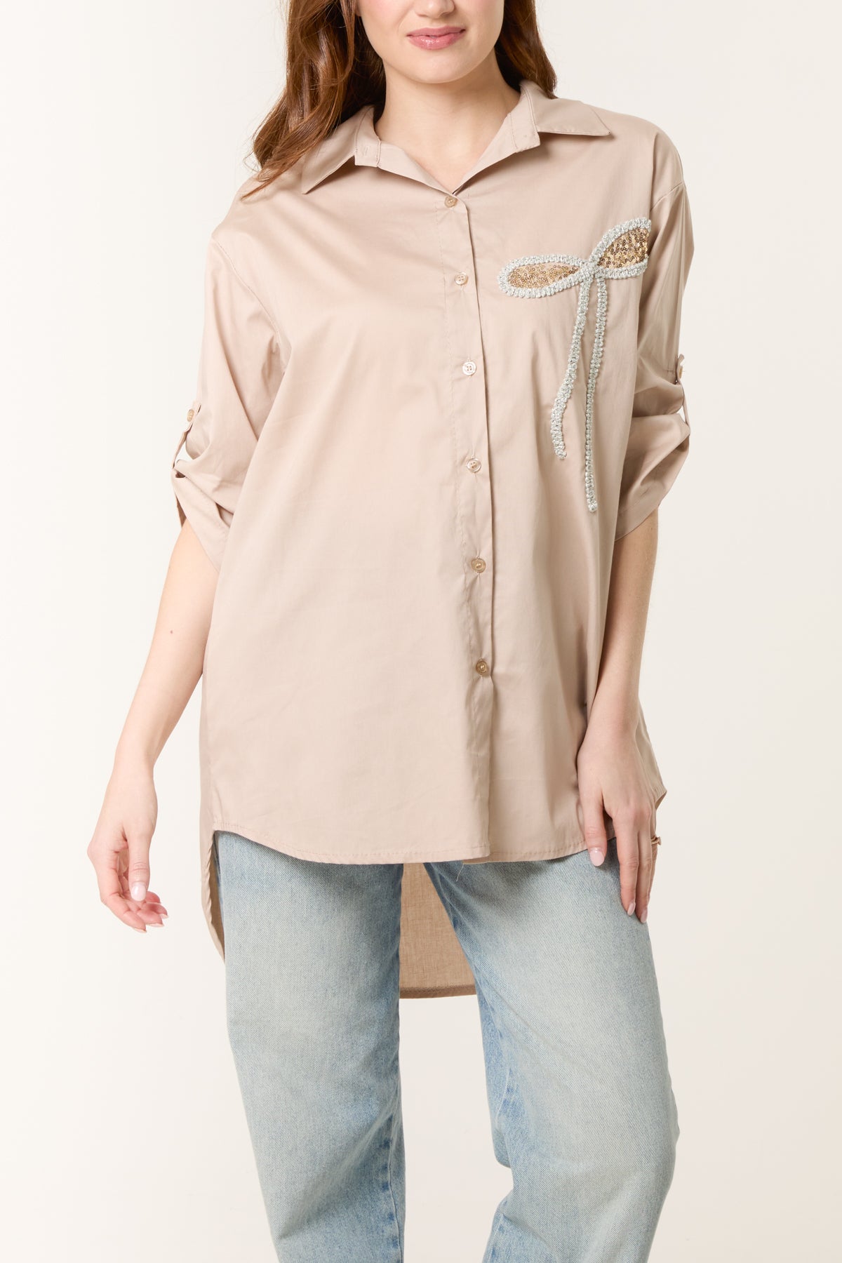 Sequin Bow Cotton Blend Shirt