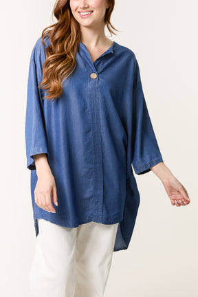 Collarless Button Front Denim Blouse