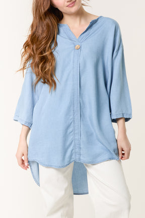 Collarless Button Front Denim Blouse