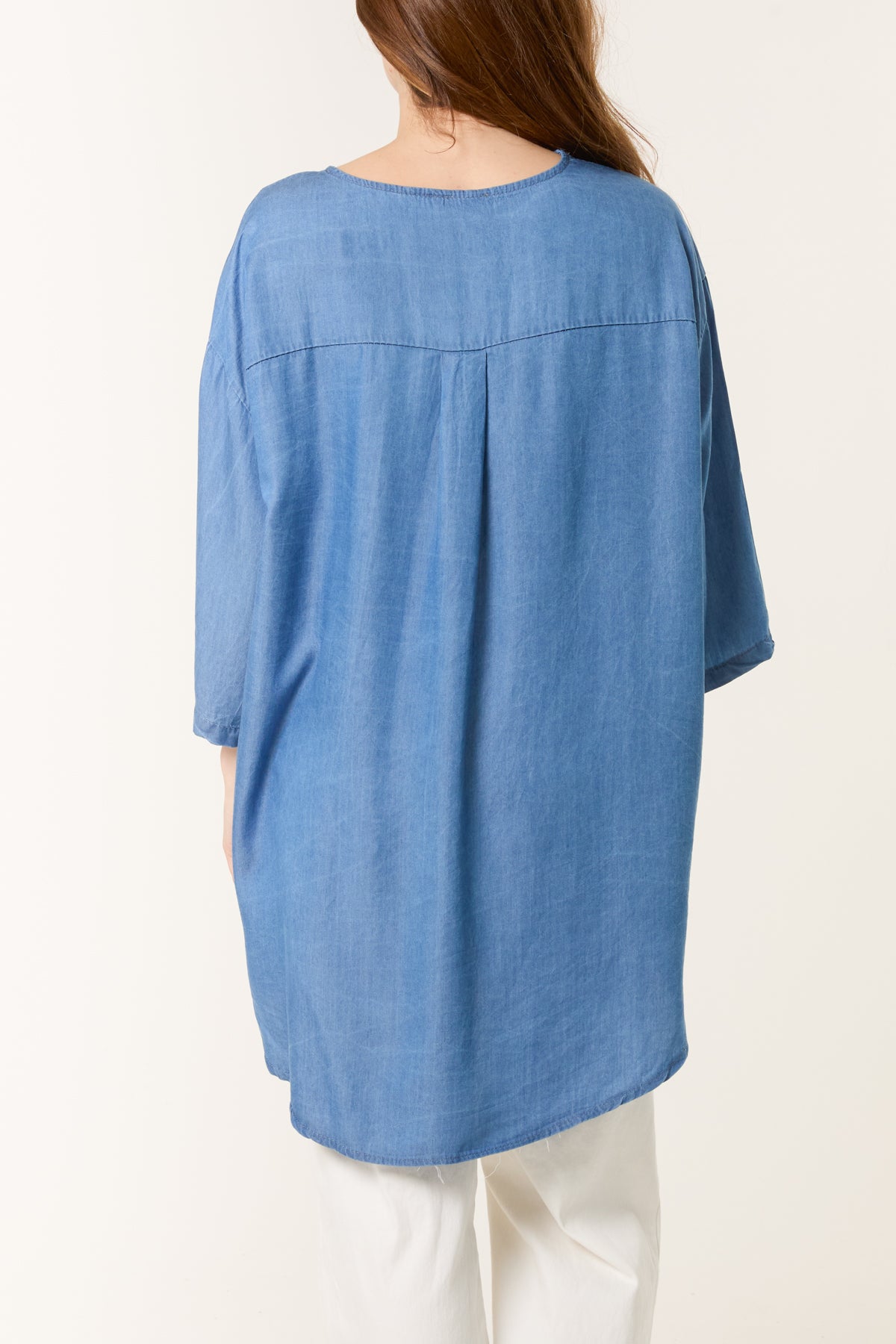 Collarless Button Front Denim Blouse