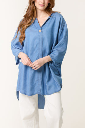 Collarless Button Front Denim Blouse