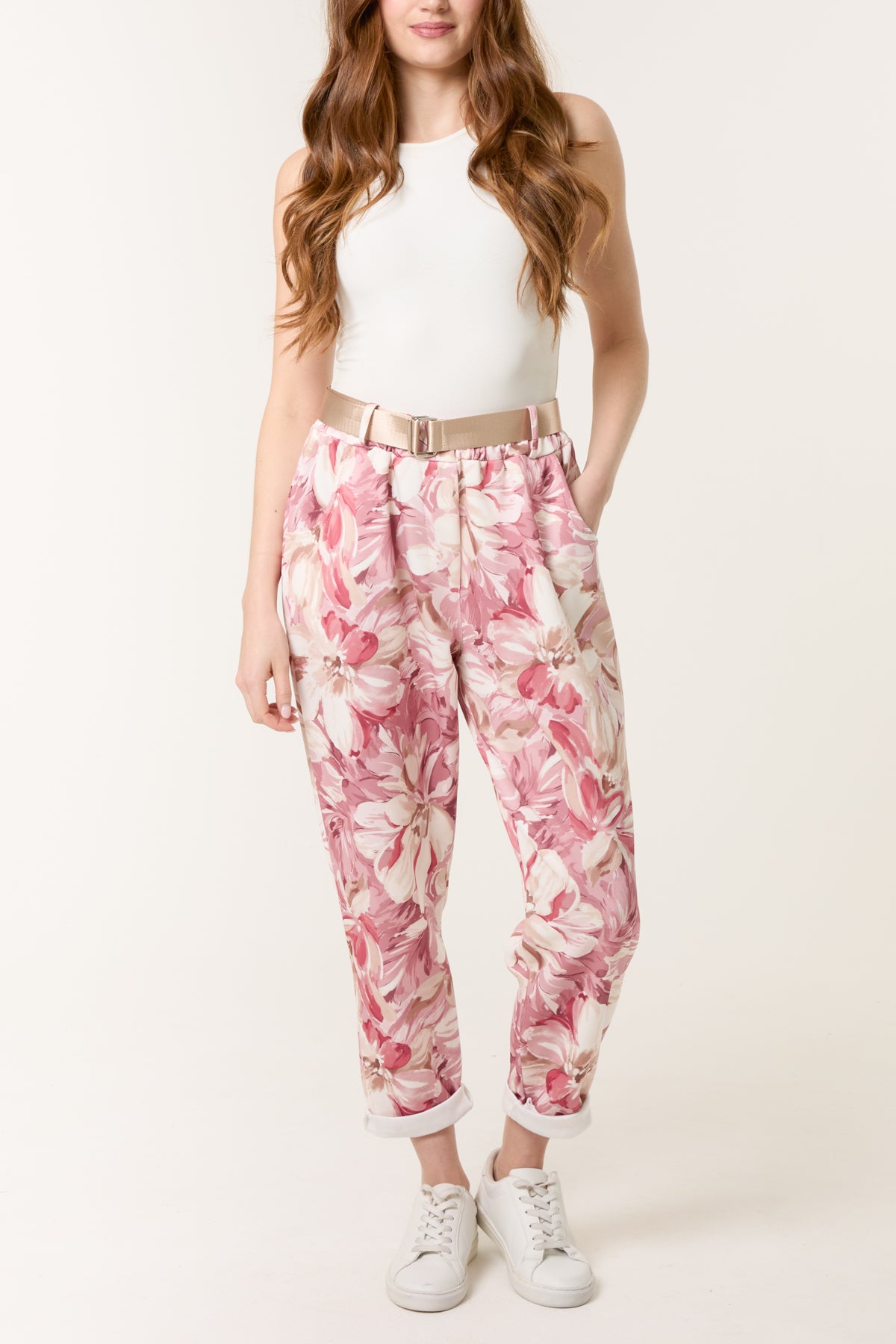 Peony Print Soft Touch Belted Trousers