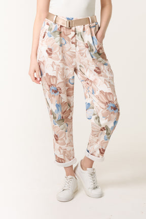 Peony Print Soft Touch Belted Trousers