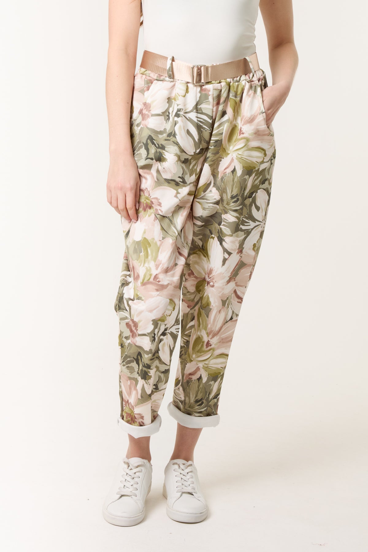 Peony Print Soft Touch Belted Trousers