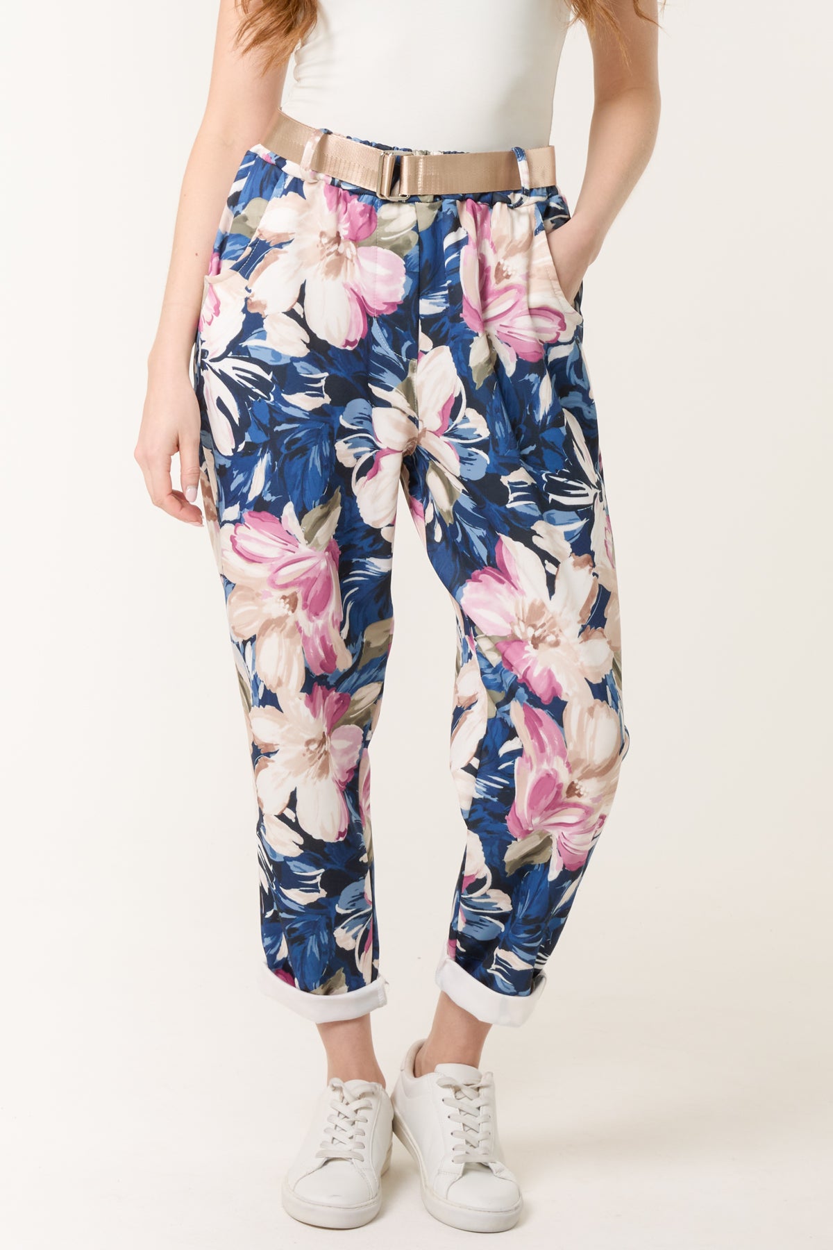 Peony Print Soft Touch Belted Trousers