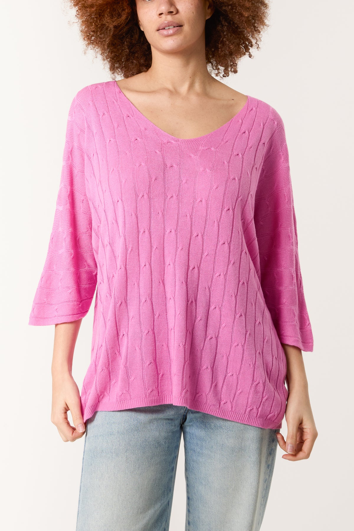 V-Neck Cable Knit 3/4 Sleeve Jumper