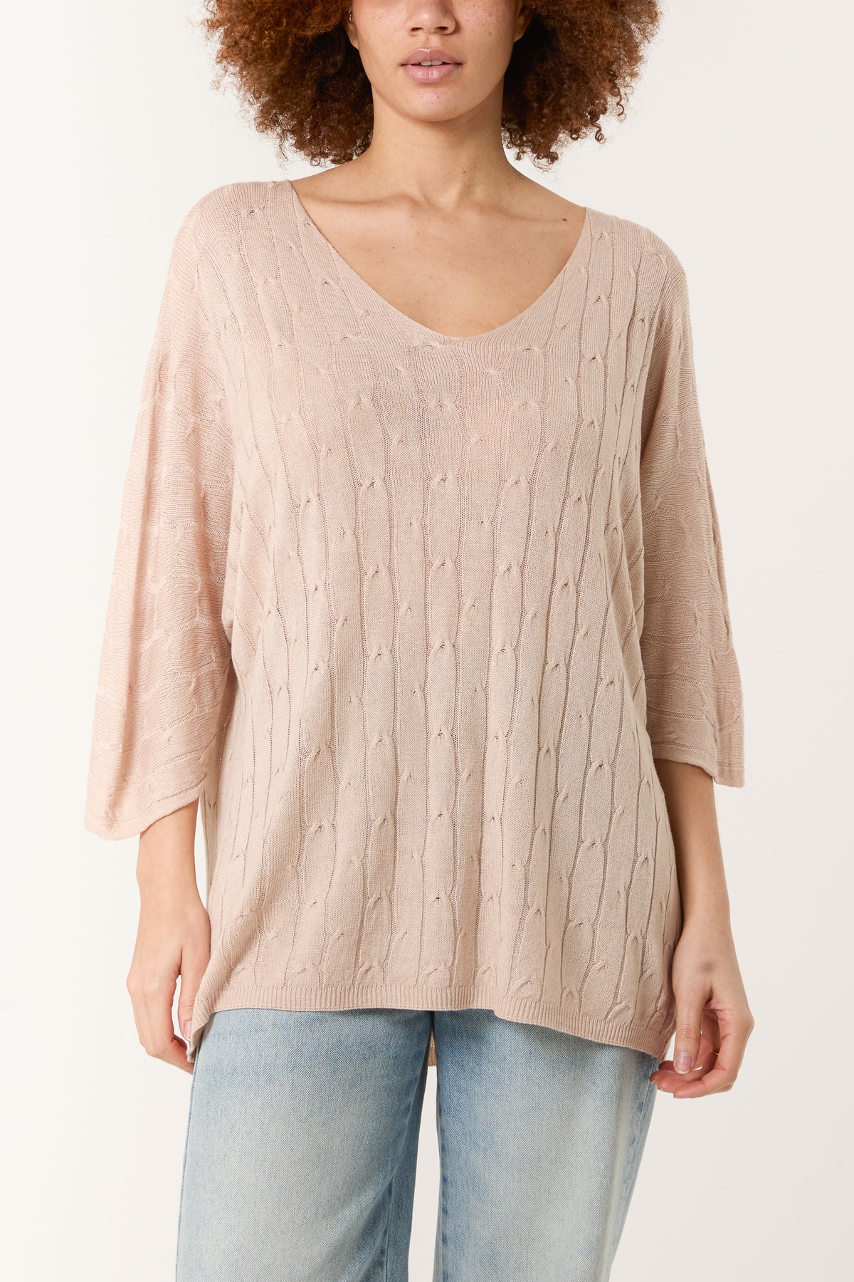 V-Neck Cable Knit 3/4 Sleeve Jumper