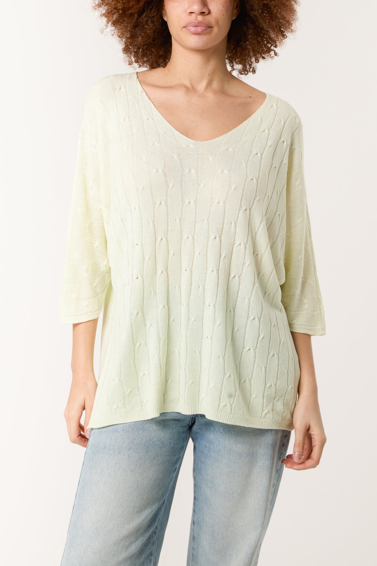 V-Neck Cable Knit 3/4 Sleeve Jumper