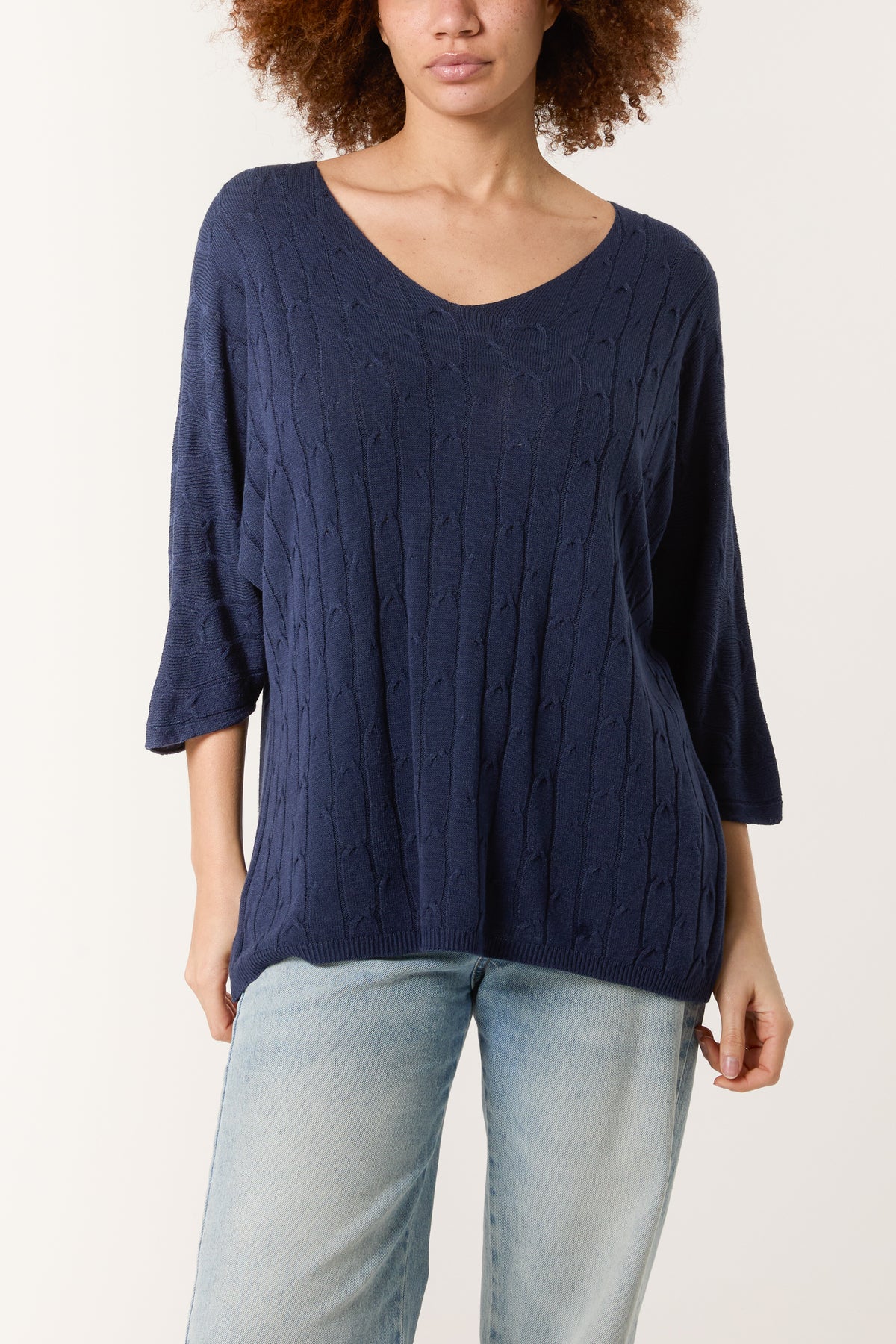 V-Neck Cable Knit 3/4 Sleeve Jumper