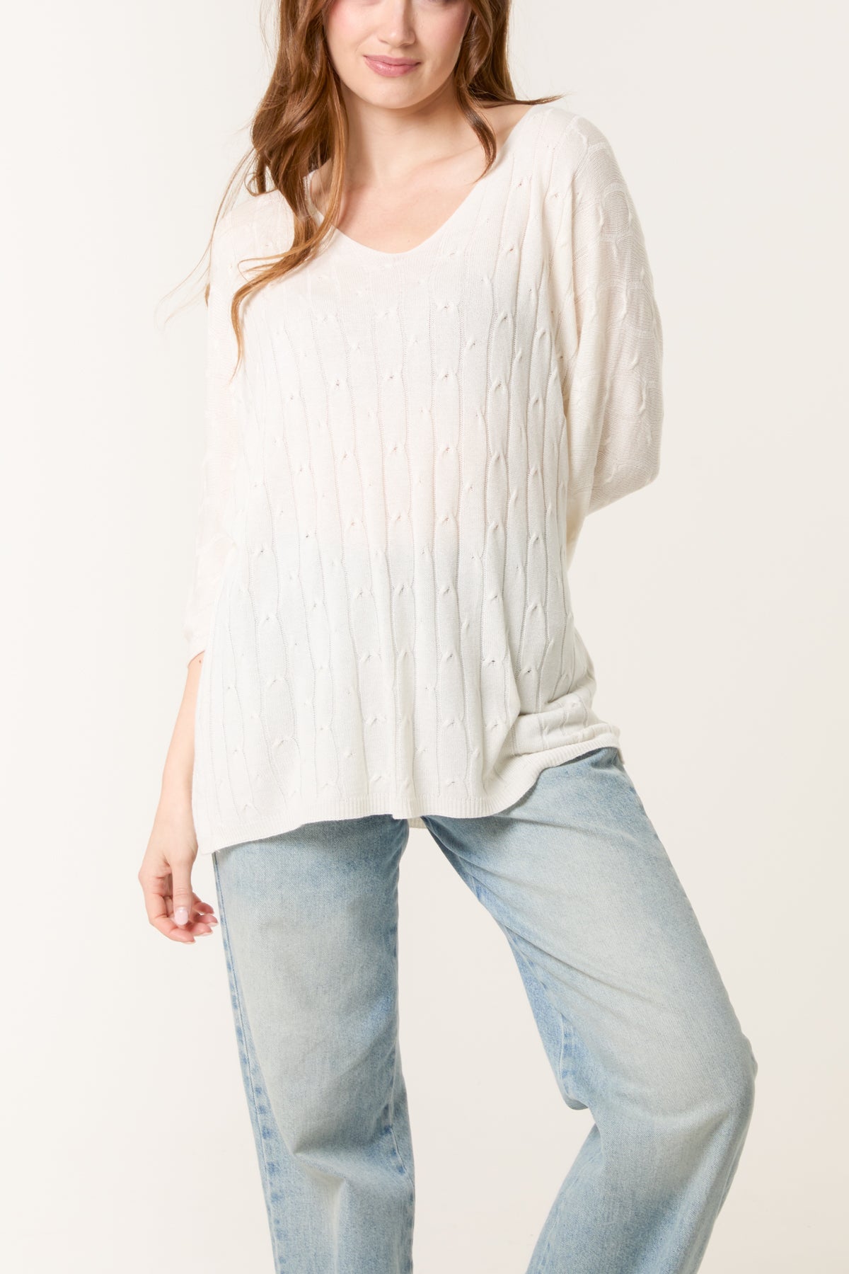 V-Neck Cable Knit 3/4 Sleeve Jumper