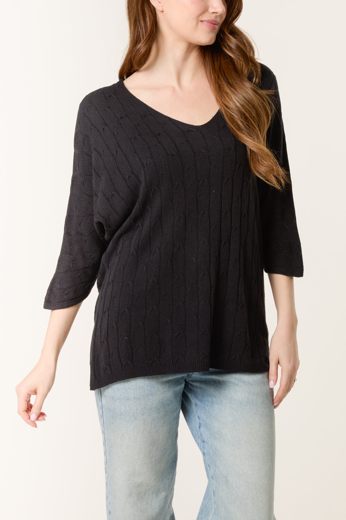 V-Neck Cable Knit 3/4 Sleeve Jumper