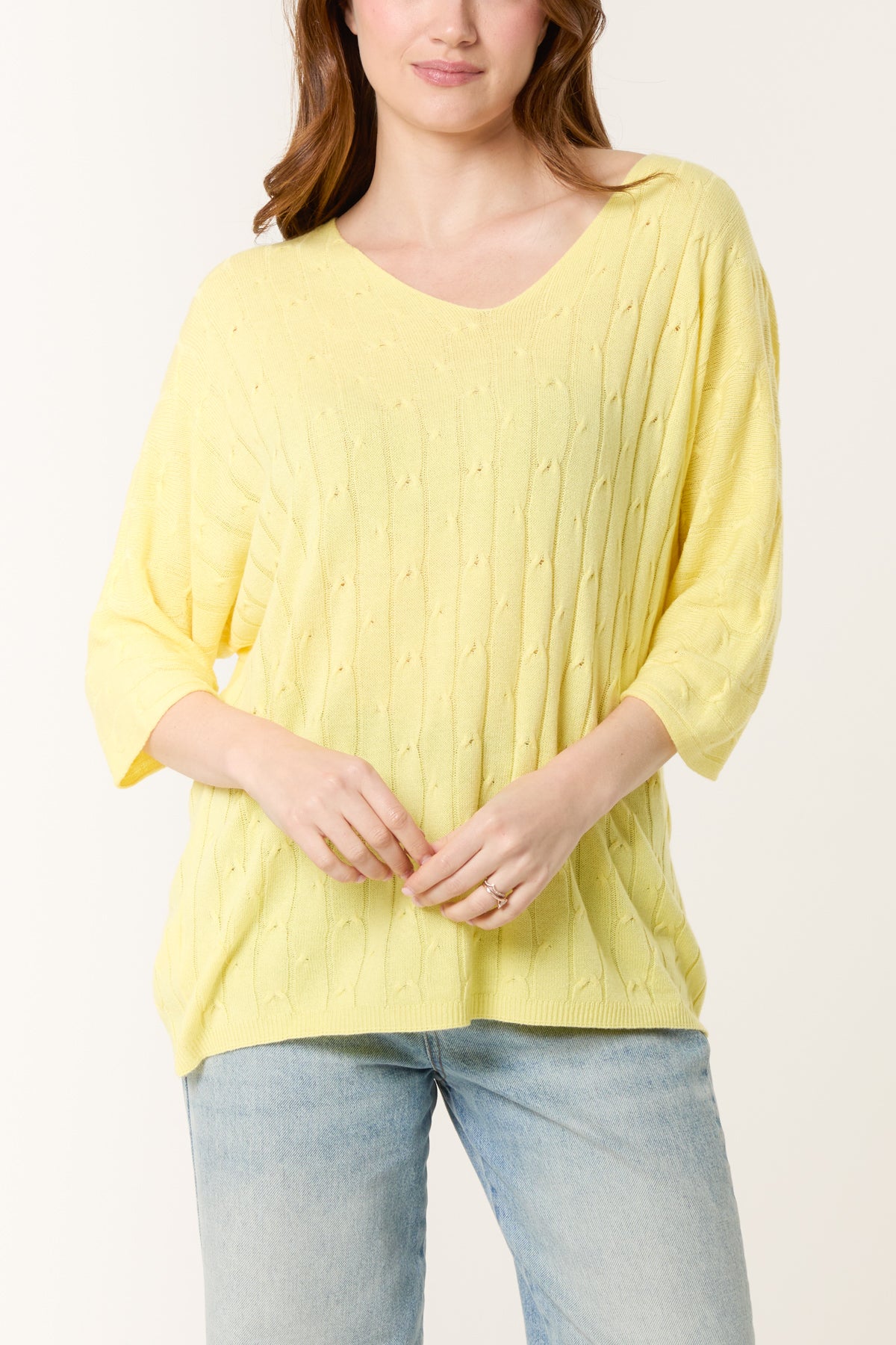 V-Neck Cable Knit 3/4 Sleeve Jumper