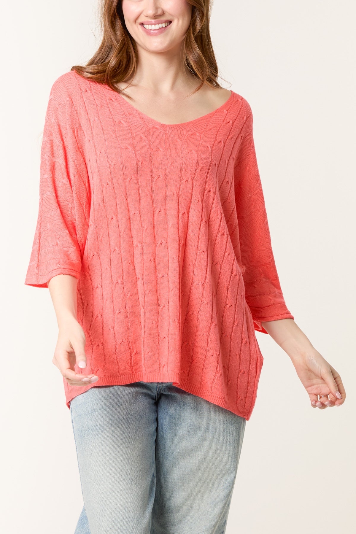 V-Neck Cable Knit 3/4 Sleeve Jumper